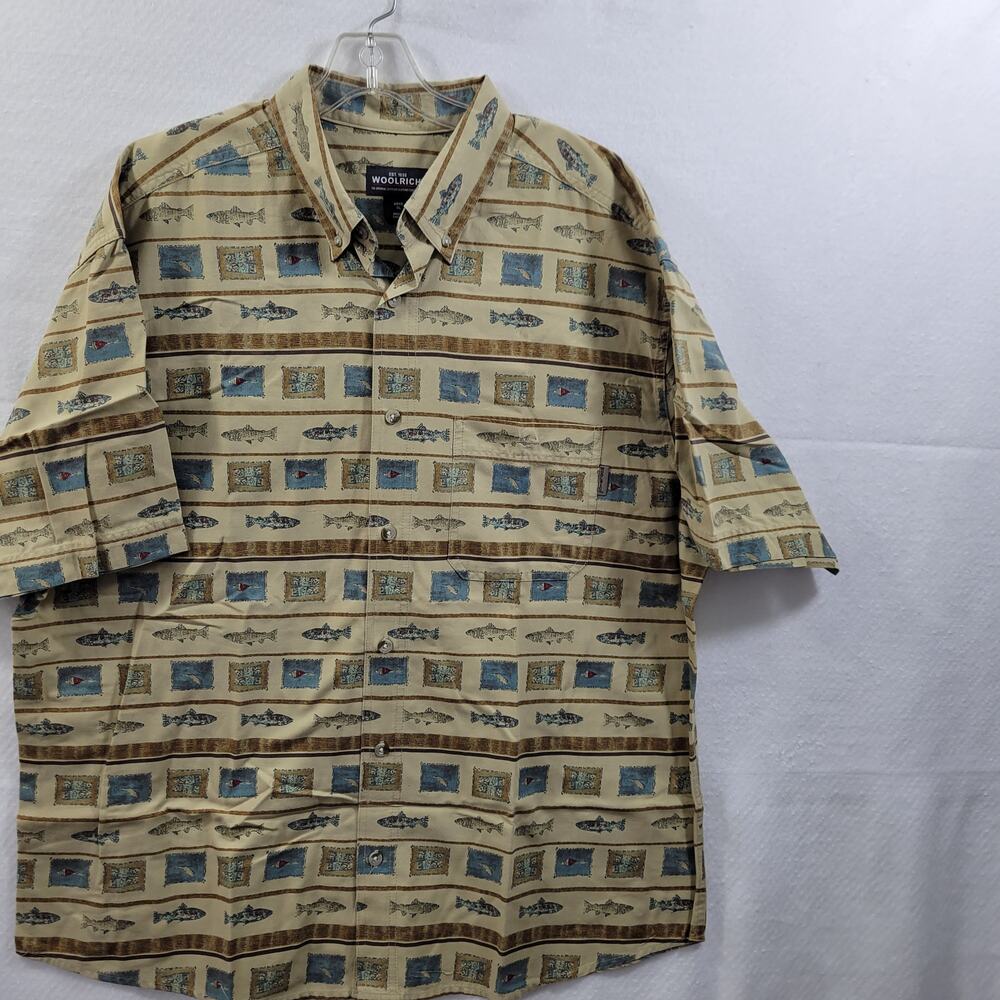 Woolrich Tan Geometric Fish Print Button Down Shirt Size XL 12920-0301